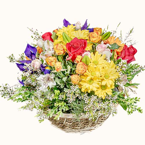 Multicoloured 'Ornamental Importance' flowers in a small basket