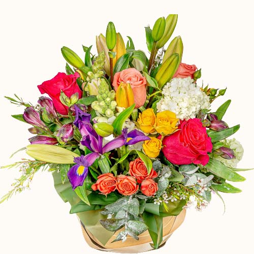 Multicoloured 'Playful Tango' flowers in a small wooden box
