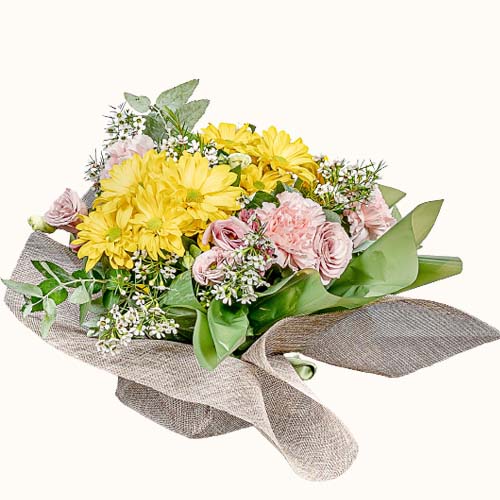 Yellow and pink 'River Thymes' flowers in fabric wrapping