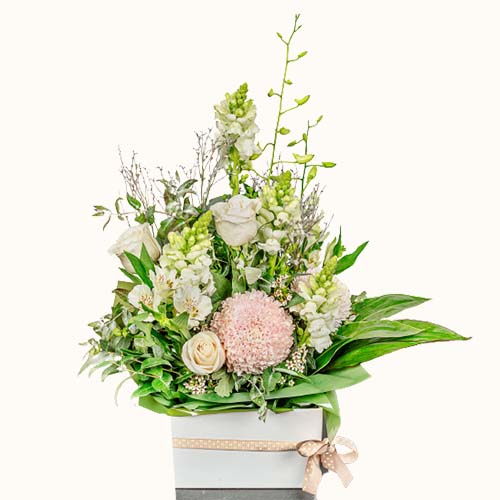Multicoloured 'The Great Gatsby' flowers in a small white, wooden box