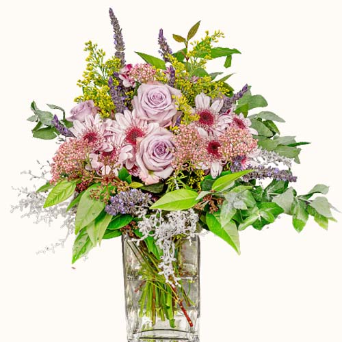 Multicoloured 'Versailles Dreams' flowers in a small glass vase